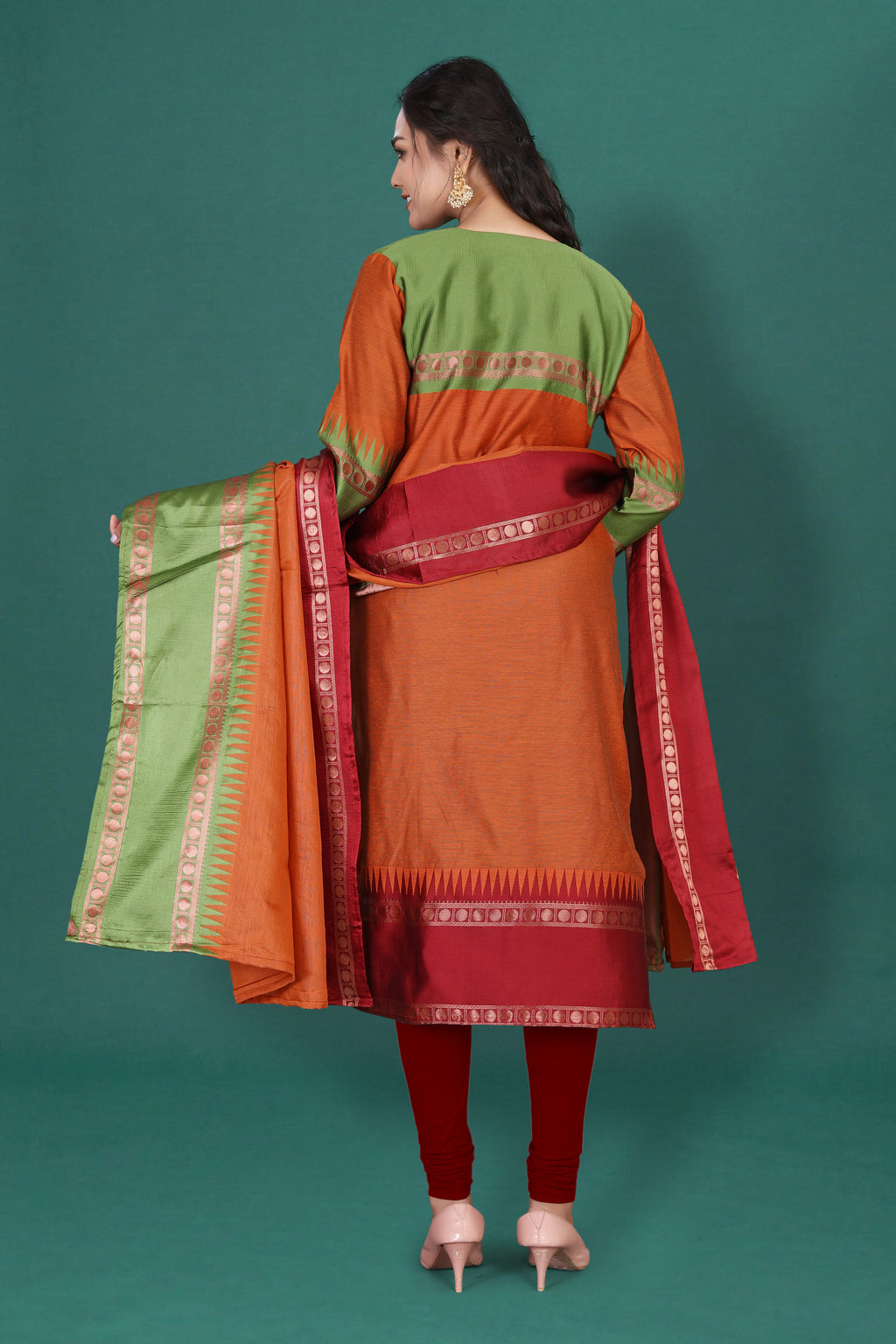 Women's Cotton Silk Dress Material with Green Woven Border & Pink Dupatta | Traditional Ethnic Suit Set
