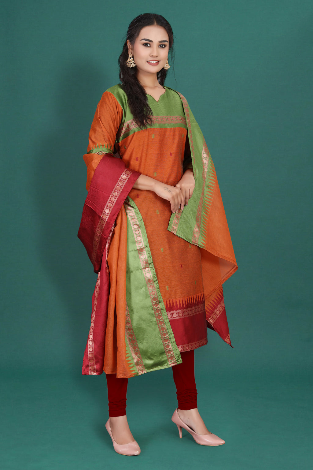 Women's Cotton Silk Dress Material with Green Woven Border & Pink Dupatta | Traditional Ethnic Suit Set