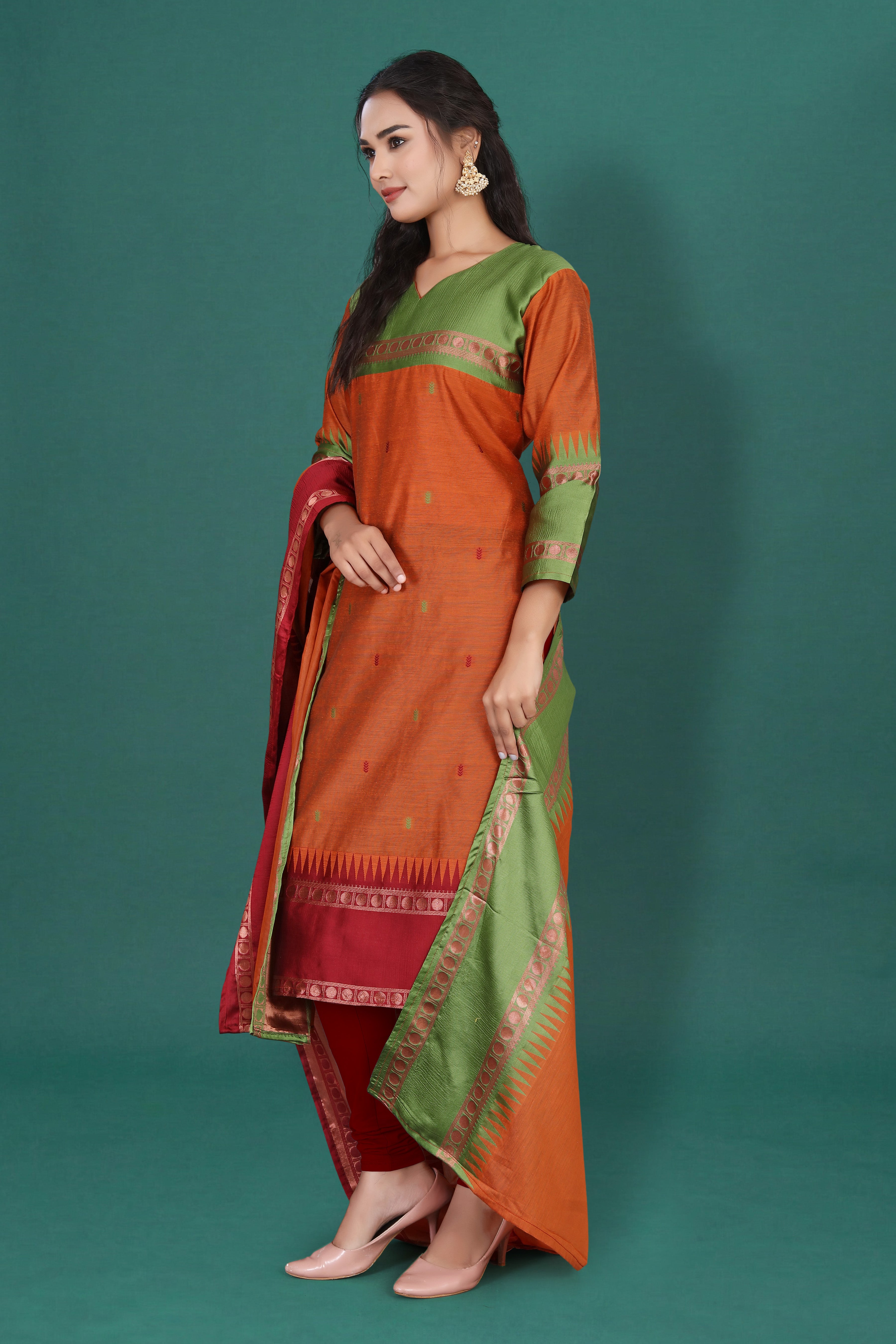 Women's Cotton Silk Dress Material with Green Woven Border & Pink Dupatta | Traditional Ethnic Suit Set