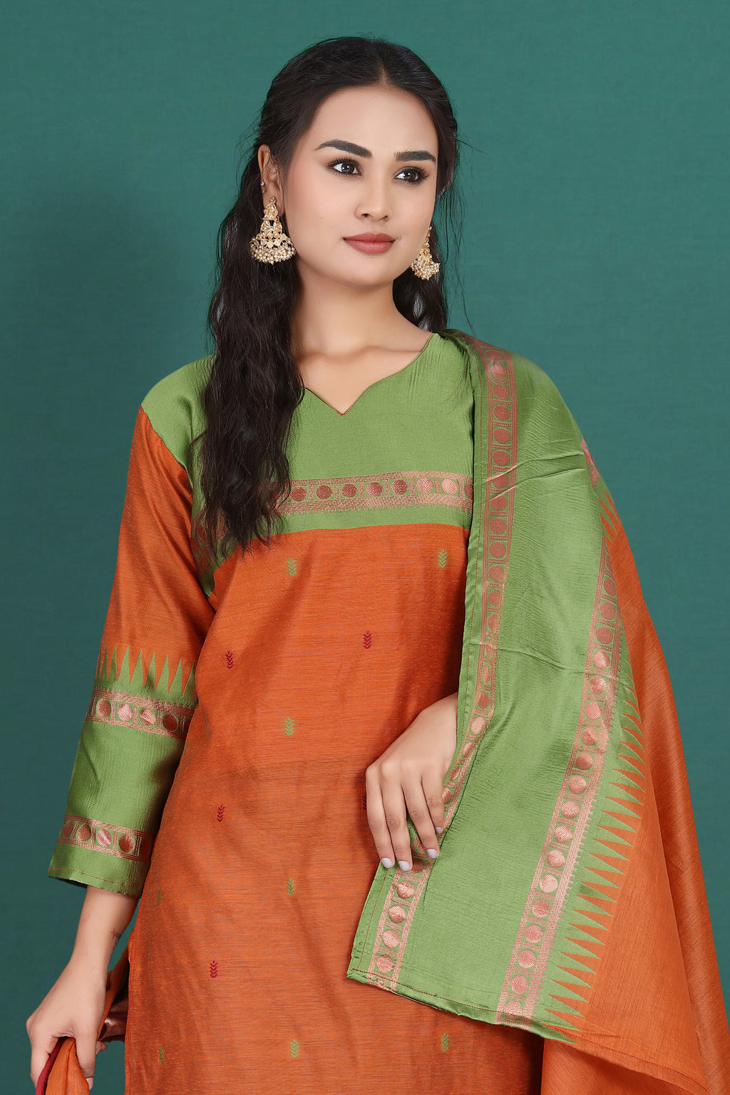 Women's Cotton Silk Dress Material with Green Woven Border & Pink Dupatta | Traditional Ethnic Suit Set