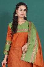 Women's Cotton Silk Dress Material with Green Woven Border & Pink Dupatta | Traditional Ethnic Suit Set