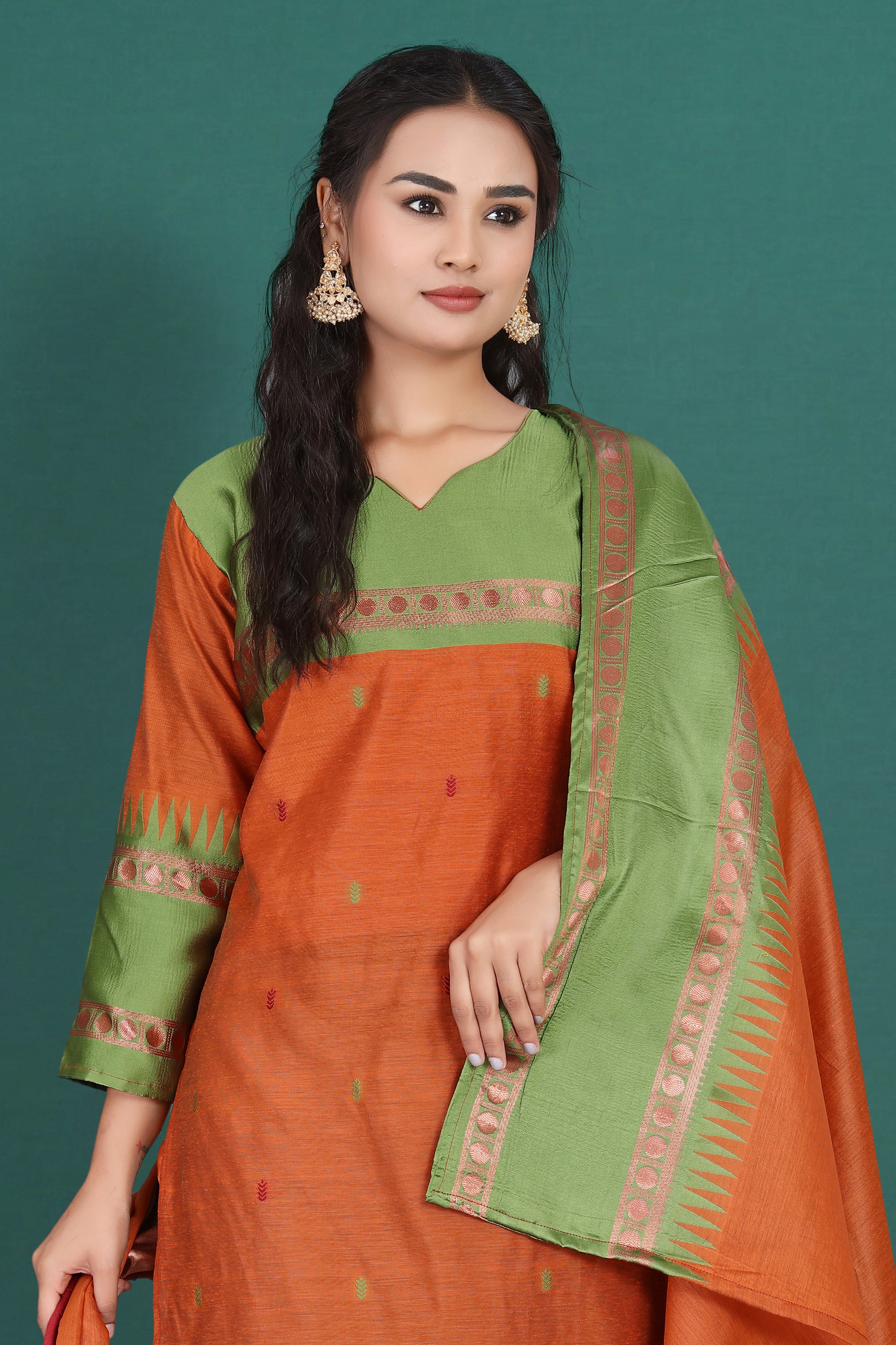 Women's Cotton Silk Dress Material with Green Woven Border & Pink Dupatta | Traditional Ethnic Suit Set