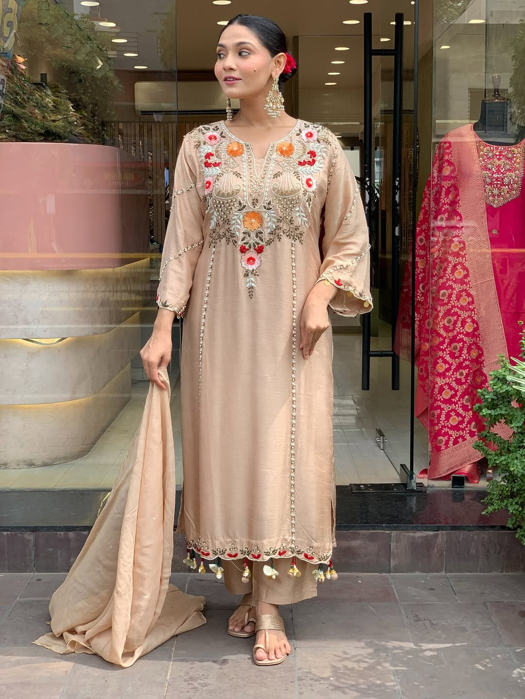 Beige & Lavender Embroidered Chanderi Kurta Set – Elegant Festive Outfit