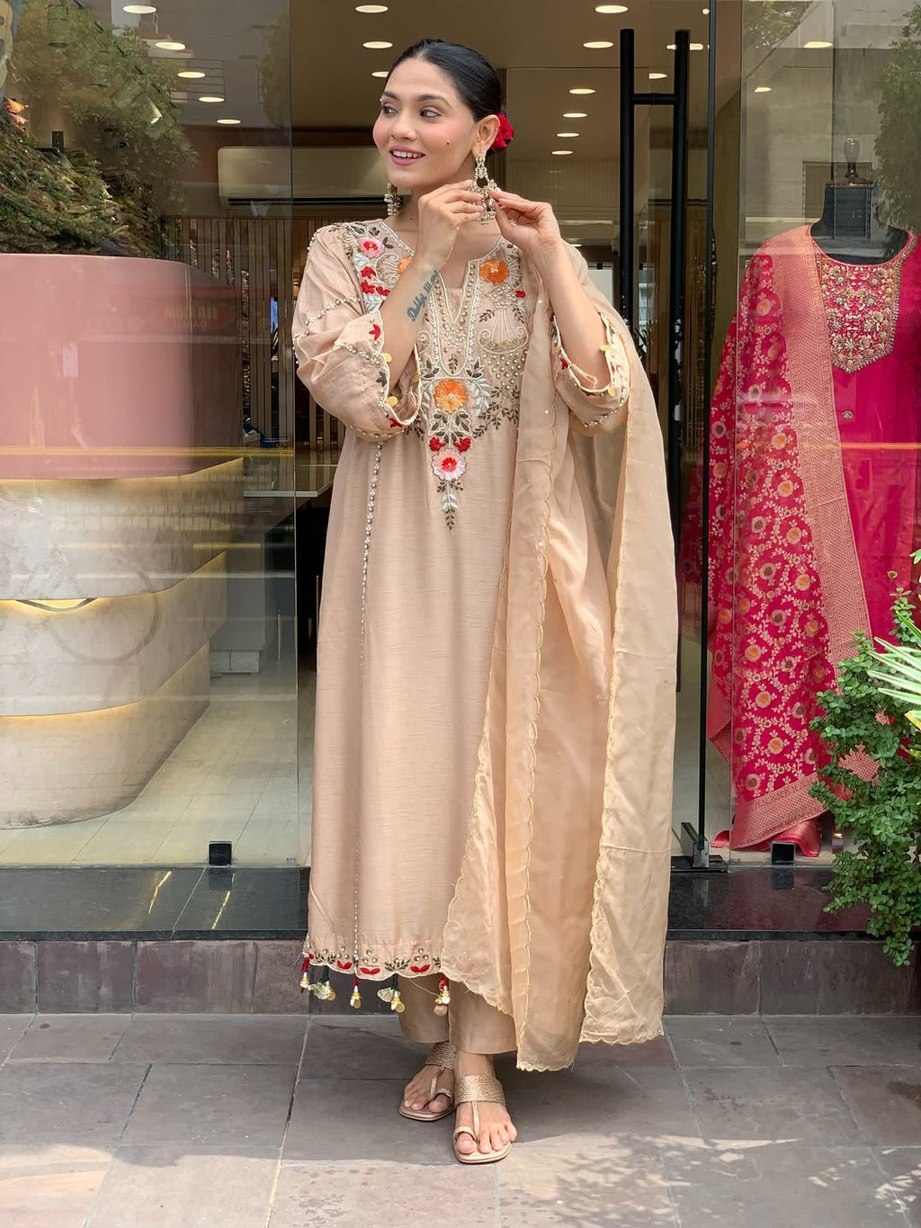 Beige & Lavender Embroidered Chanderi Kurta Set – Elegant Festive Outfit