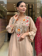 Beige & Lavender Embroidered Chanderi Kurta Set – Elegant Festive Outfit