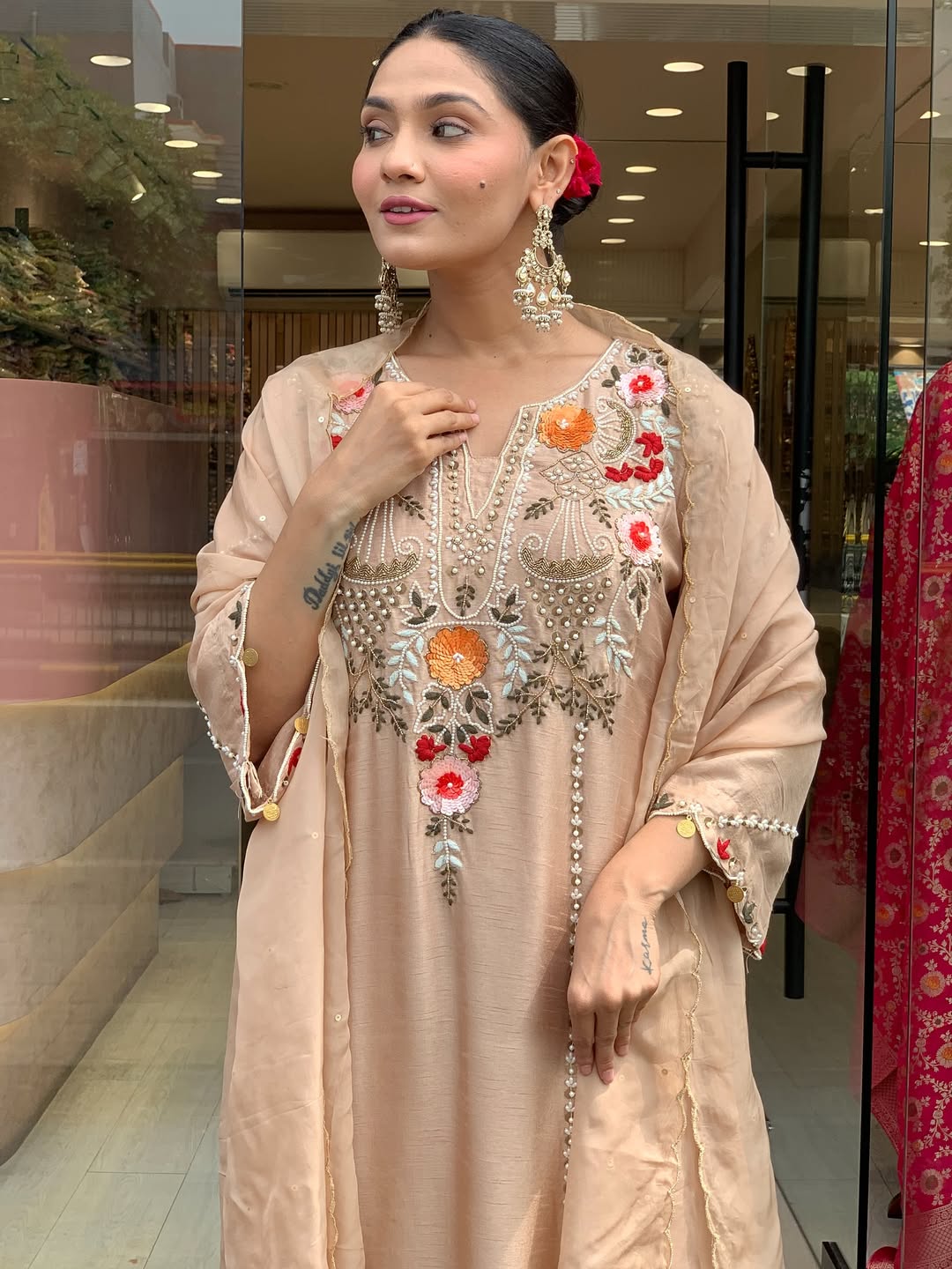 Beige & Lavender Embroidered Chanderi Kurta Set – Elegant Festive Outfit
