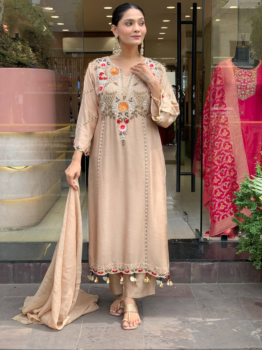 Beige & Lavender Embroidered Chanderi Kurta Set – Elegant Festive Outfit