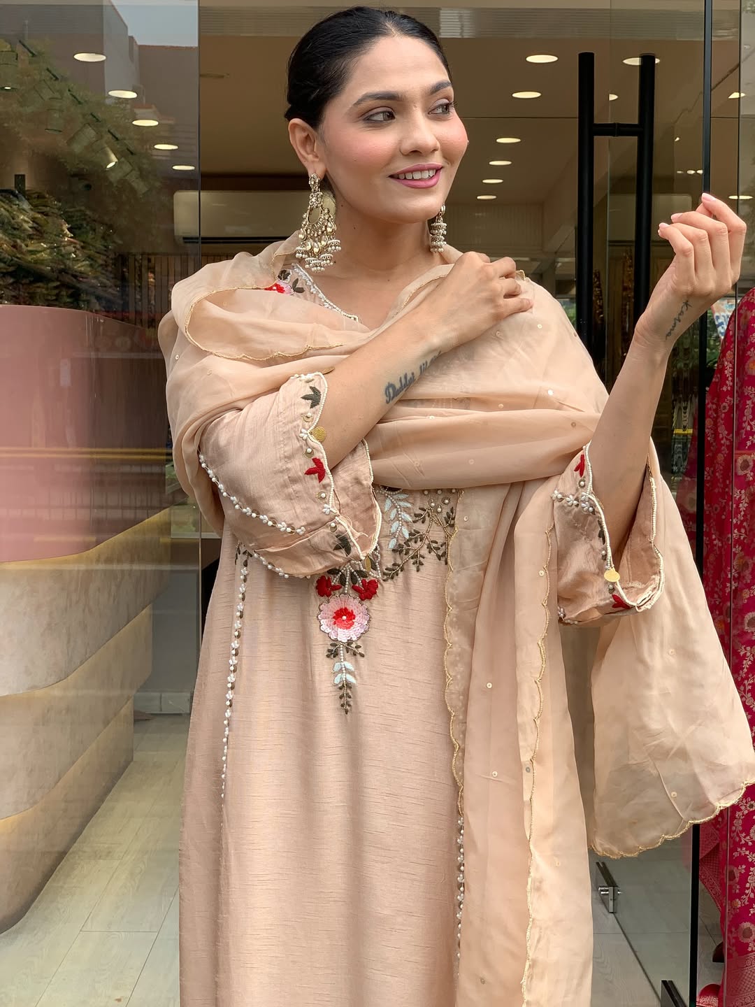 Beige & Lavender Embroidered Chanderi Kurta Set – Elegant Festive Outfit