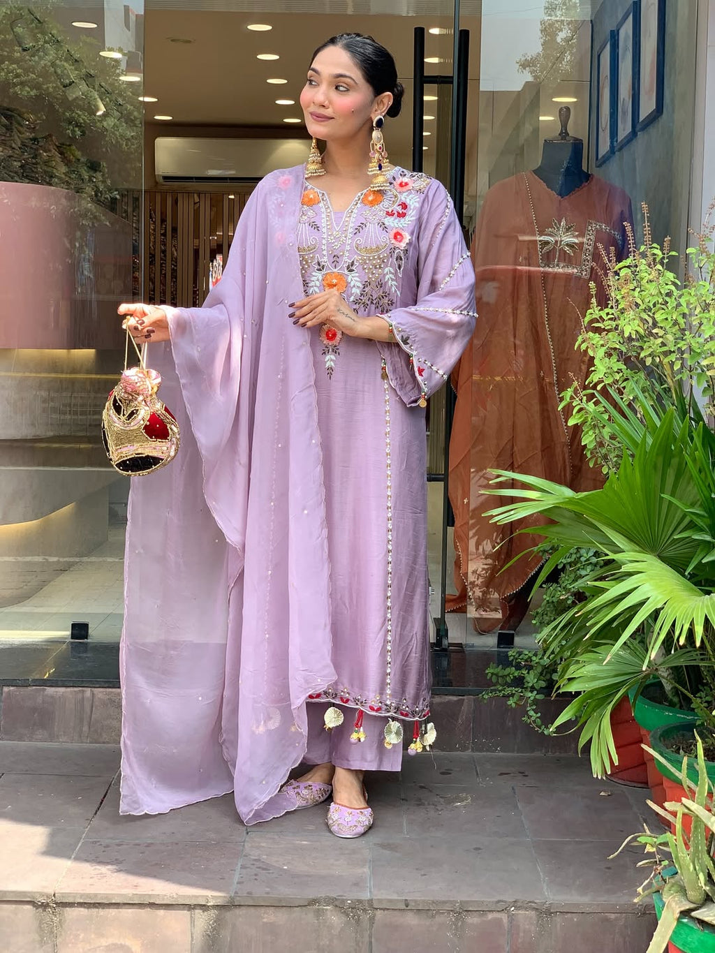 Beige & Lavender Embroidered Chanderi Kurta Set – Elegant Festive Outfit