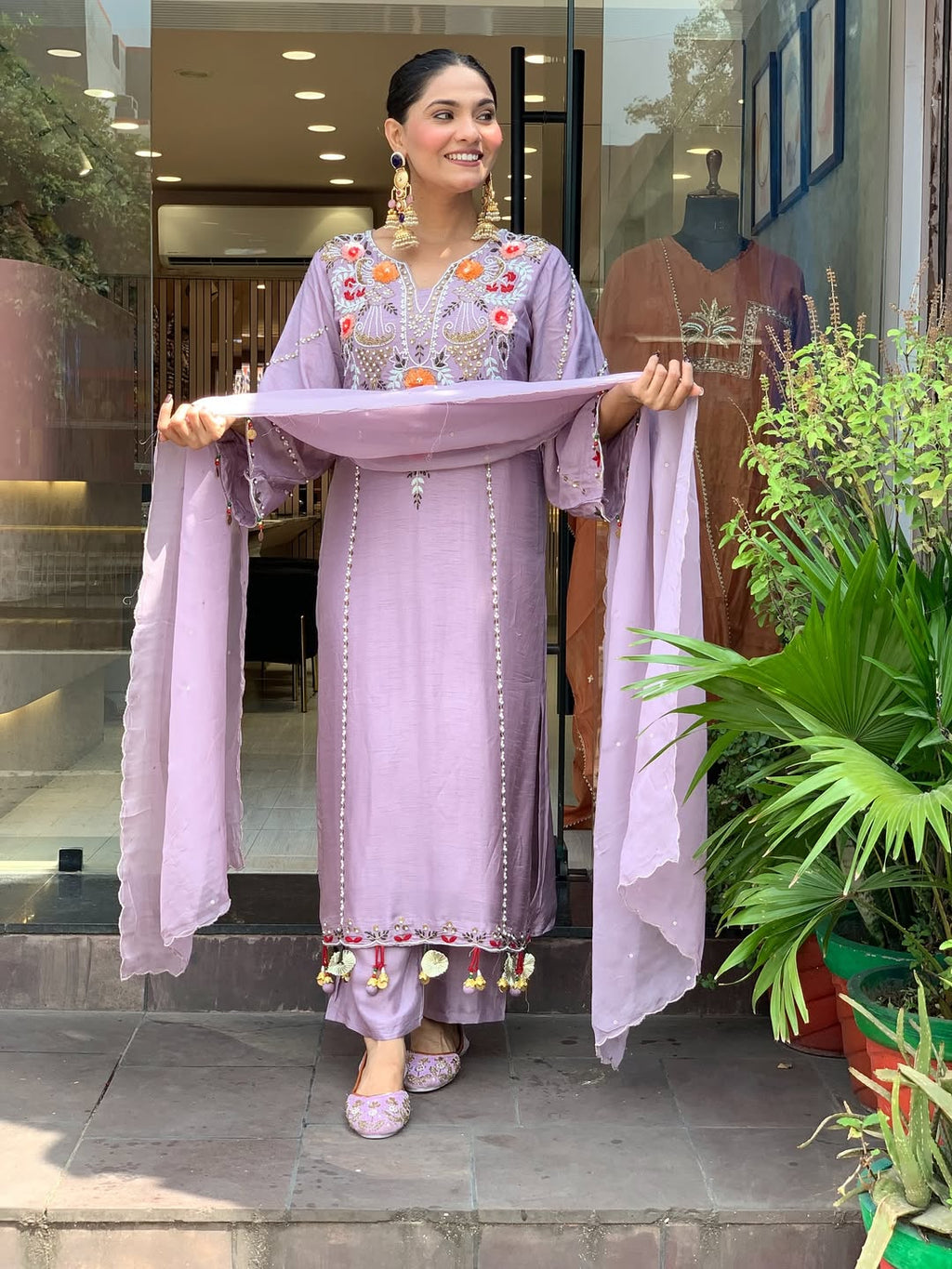 Beige & Lavender Embroidered Chanderi Kurta Set – Elegant Festive Outfit