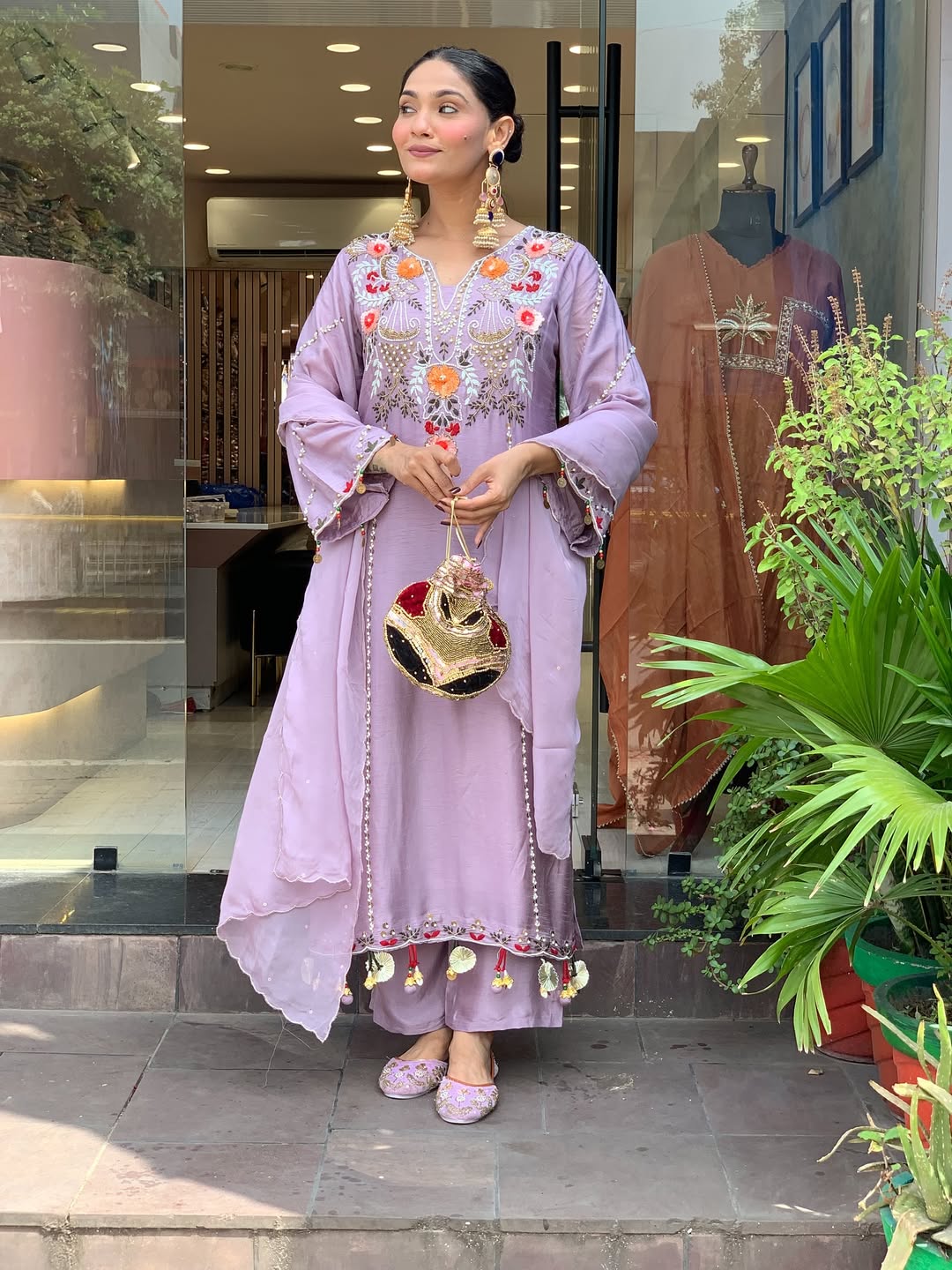 Beige & Lavender Embroidered Chanderi Kurta Set – Elegant Festive Outfit