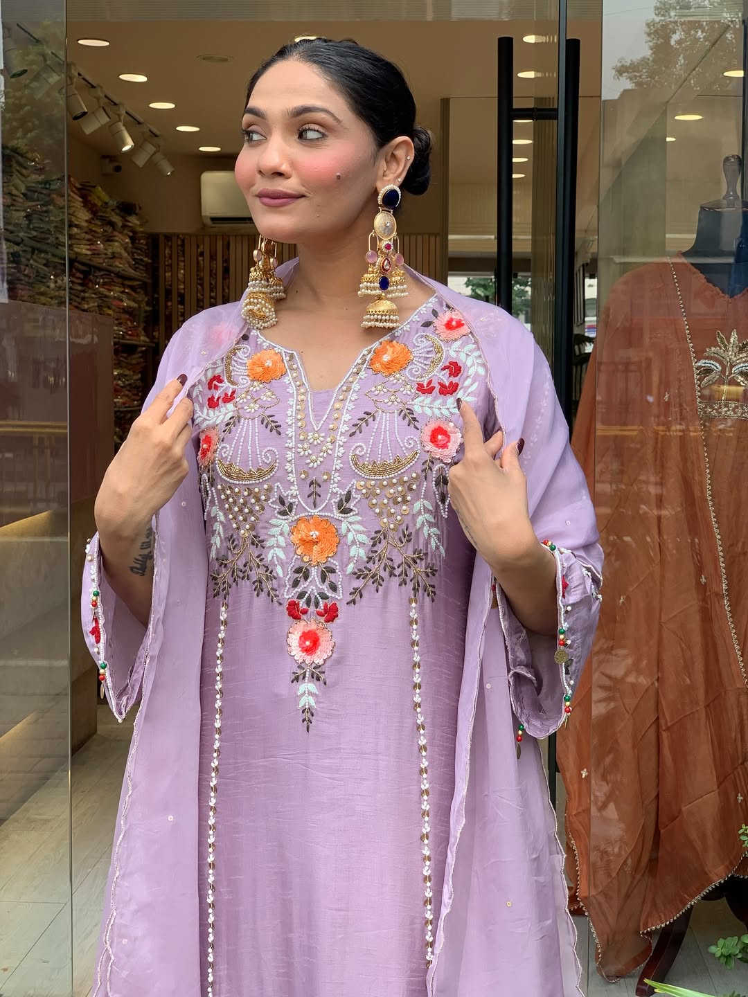Beige & Lavender Embroidered Chanderi Kurta Set – Elegant Festive Outfit