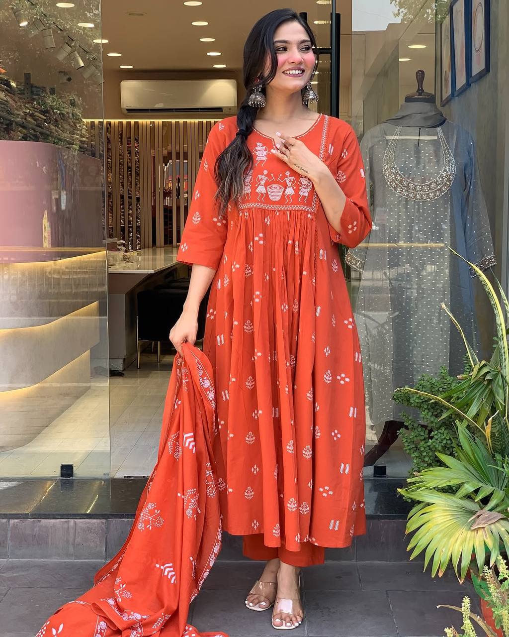 Orange Printed Cotton Anarkali Kurti Set – Casual & Festive Wear