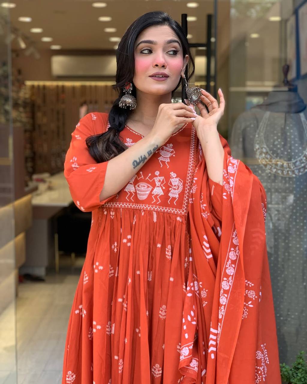 Orange Printed Cotton Anarkali Kurti Set – Casual & Festive Wear