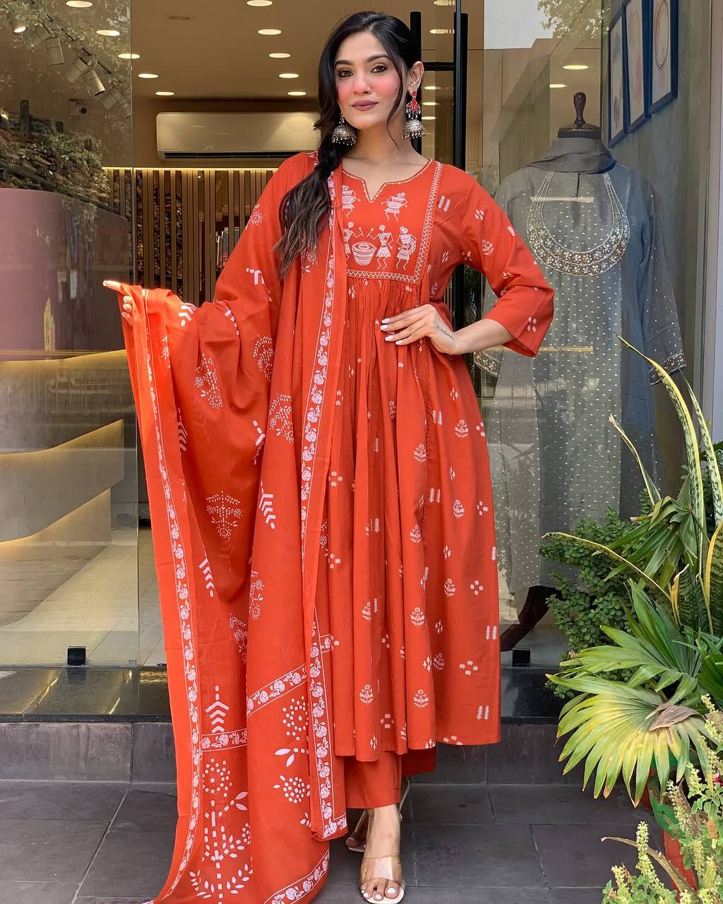 Orange Printed Cotton Anarkali Kurti Set – Casual & Festive Wear
