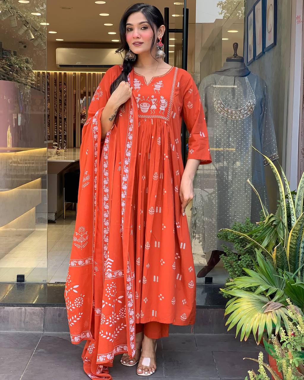 Orange Printed Cotton Anarkali Kurti Set – Casual & Festive Wear