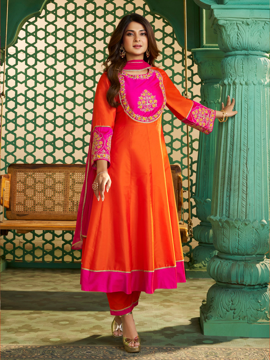 Orange Pink Anarkali Suit Set for Women – Festive & Wedding Outfit