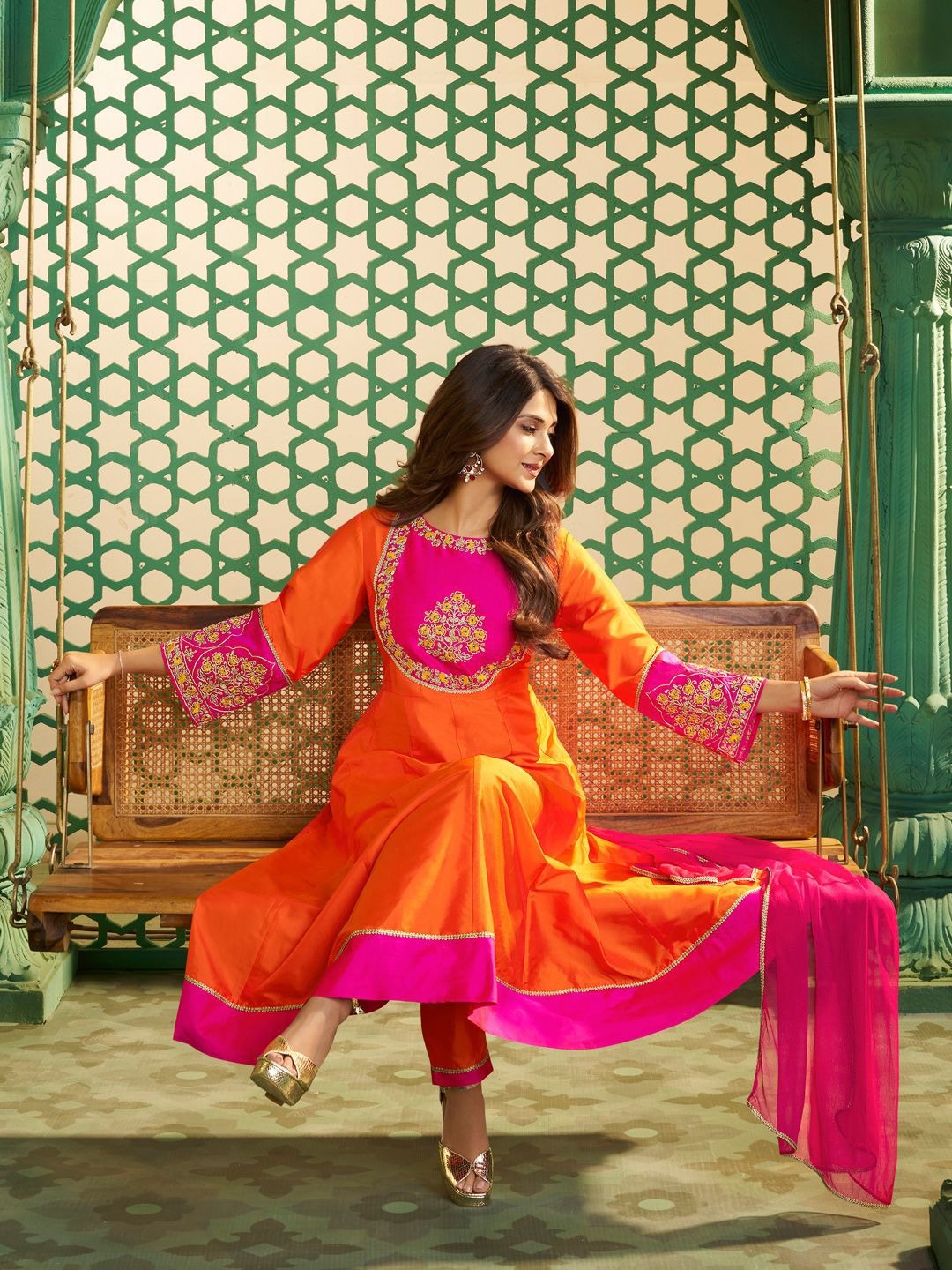 Orange Pink Anarkali Suit Set for Women – Festive & Wedding Outfit