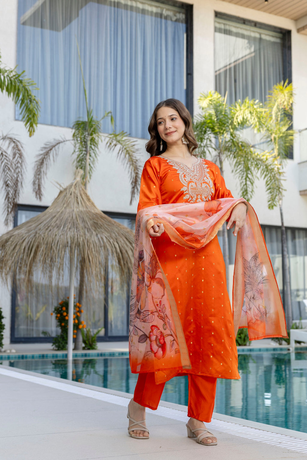 Orange Embroidered Jacquard Kurta Set with Organza Dupatta – Festive Wear