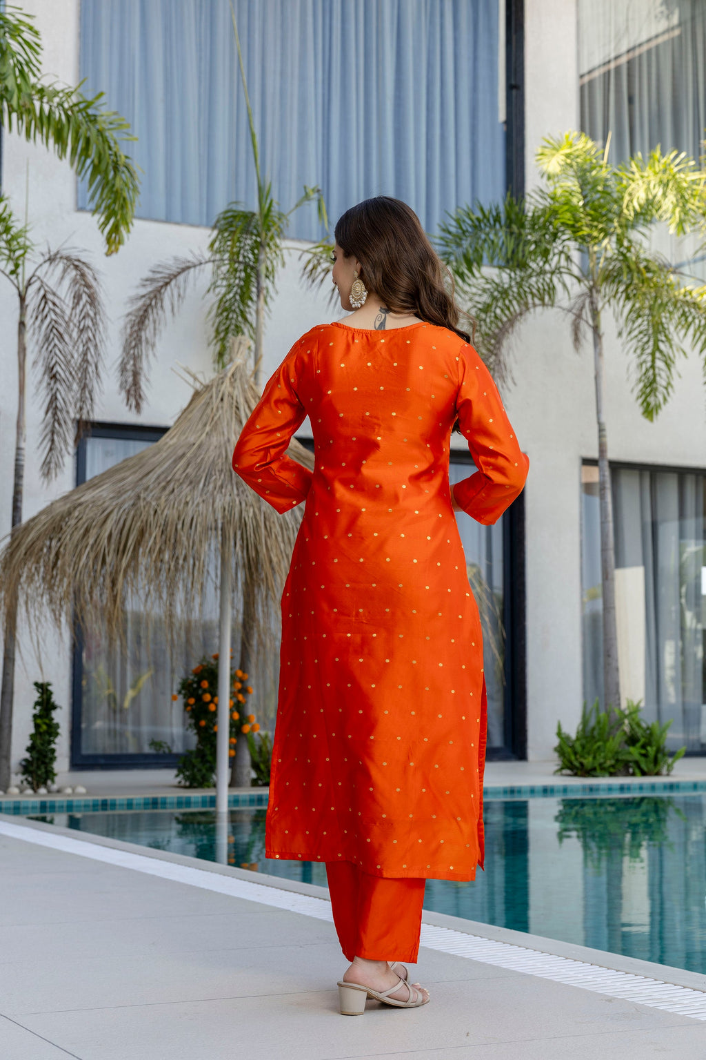 Orange Embroidered Jacquard Kurta Set with Organza Dupatta – Festive Wear