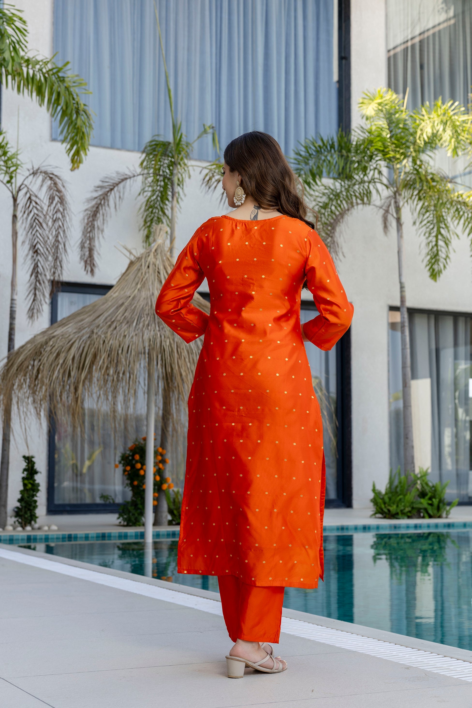 Orange Embroidered Jacquard Kurta Set with Organza Dupatta – Festive Wear