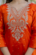 Orange Embroidered Jacquard Kurta Set with Organza Dupatta – Festive Wear