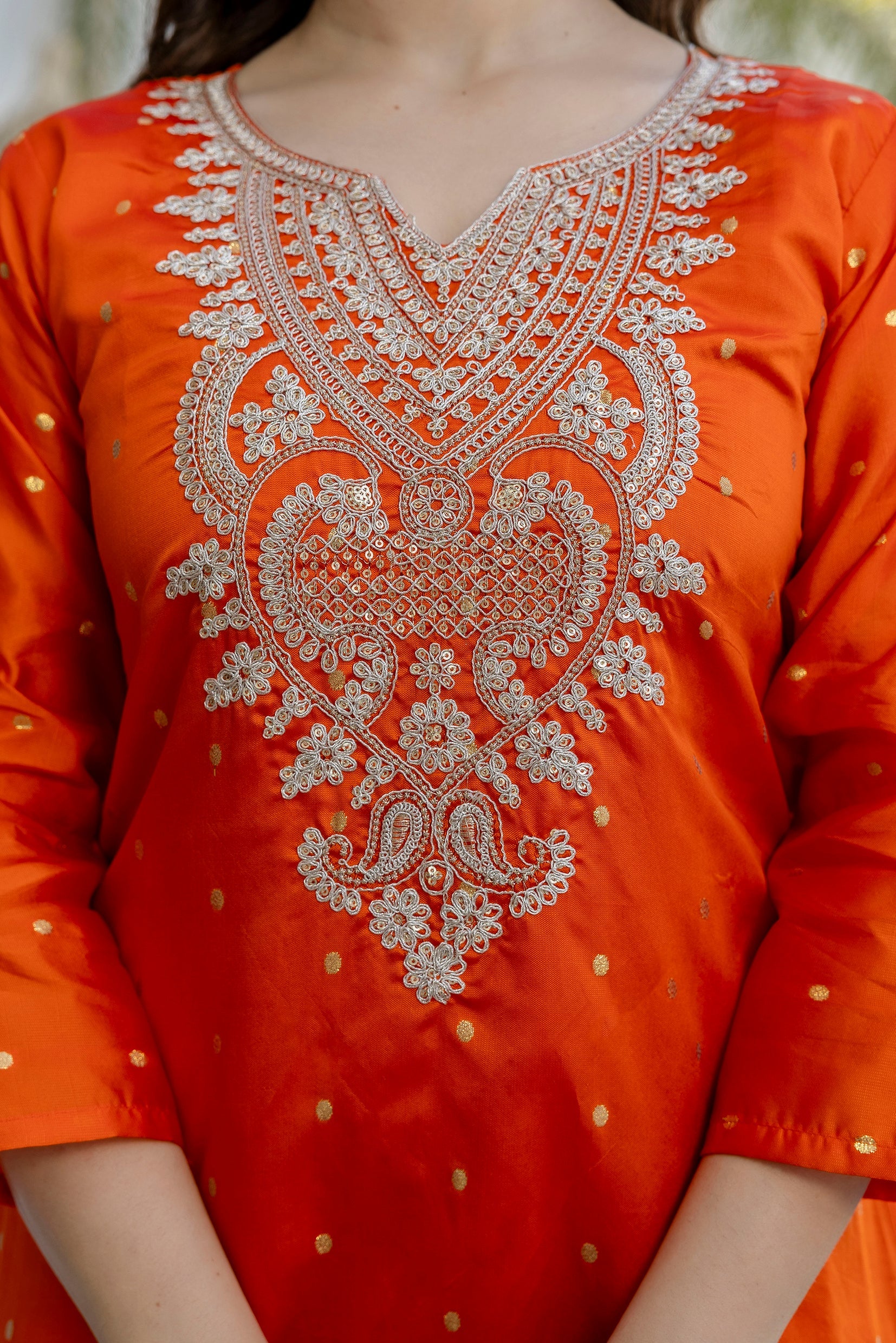 Orange Embroidered Jacquard Kurta Set with Organza Dupatta – Festive Wear