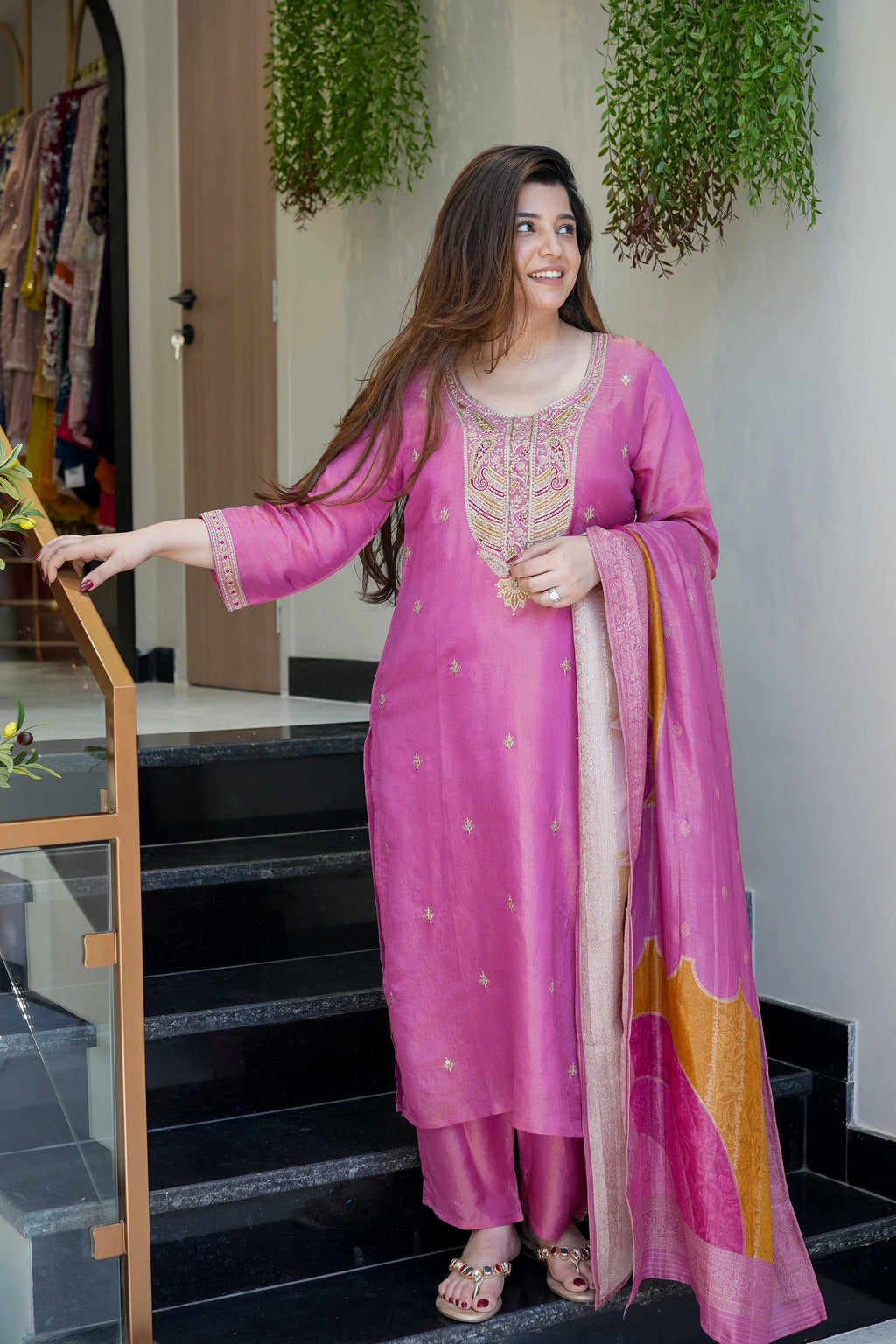 Peach Embroidered Viscose Kurta Set with Jacquard Dupatta – Elegant Festive Wear