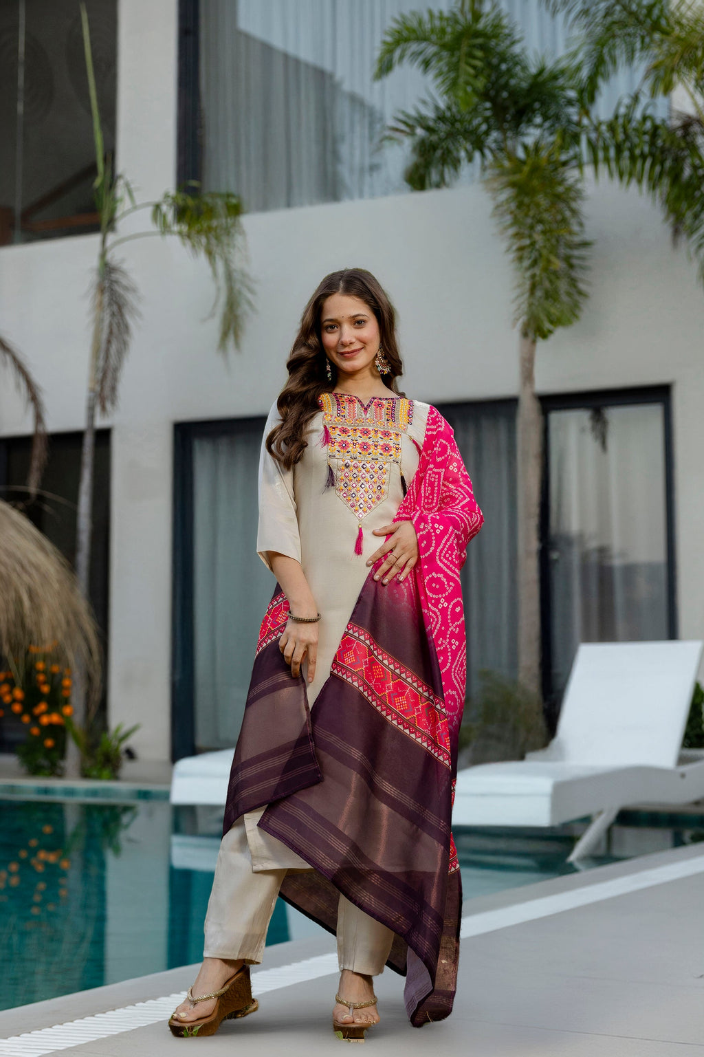 Cream Embroidered Viscose Kurta Set with Printed Dupatta – Elegant Ethnic Wear