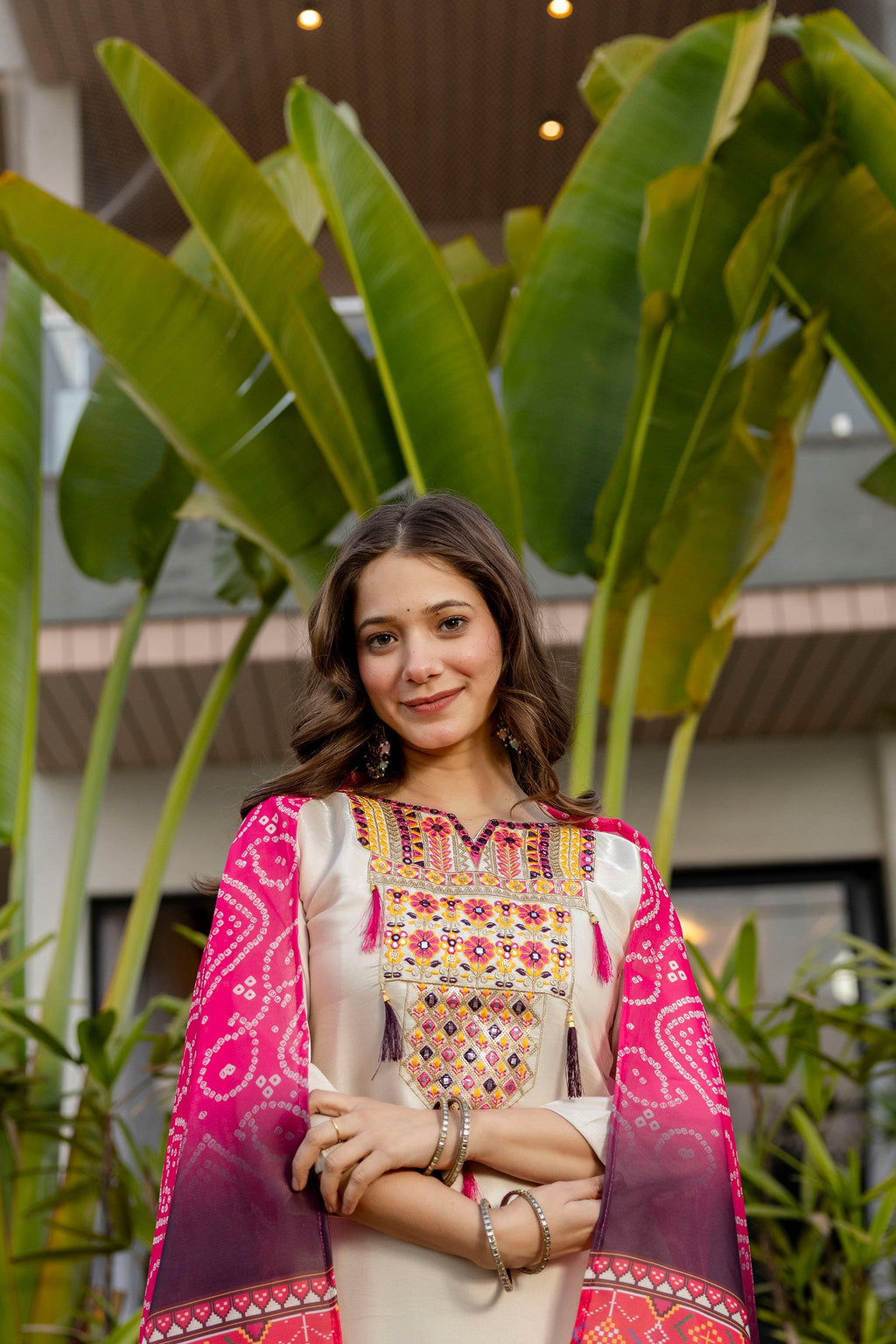 Cream Embroidered Viscose Kurta Set with Printed Dupatta – Elegant Ethnic Wear