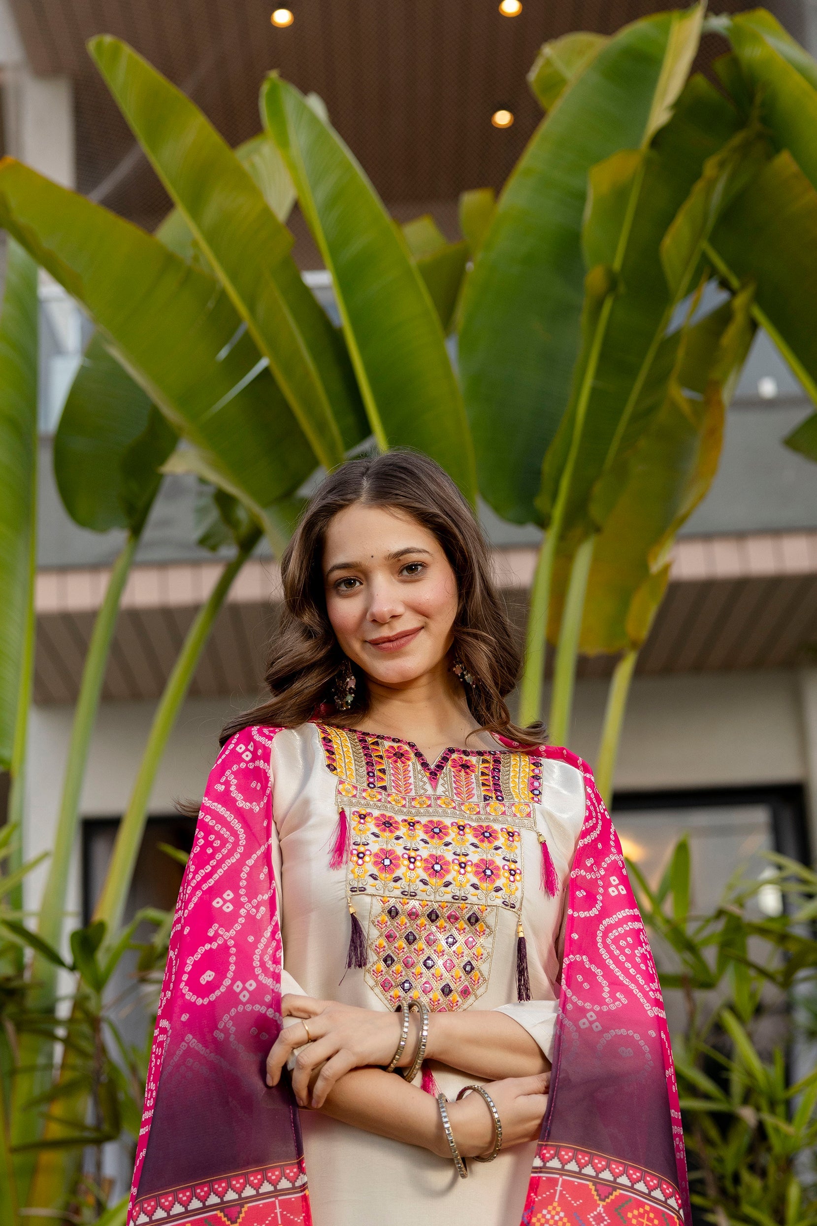 Cream Embroidered Viscose Kurta Set with Printed Dupatta – Elegant Ethnic Wear