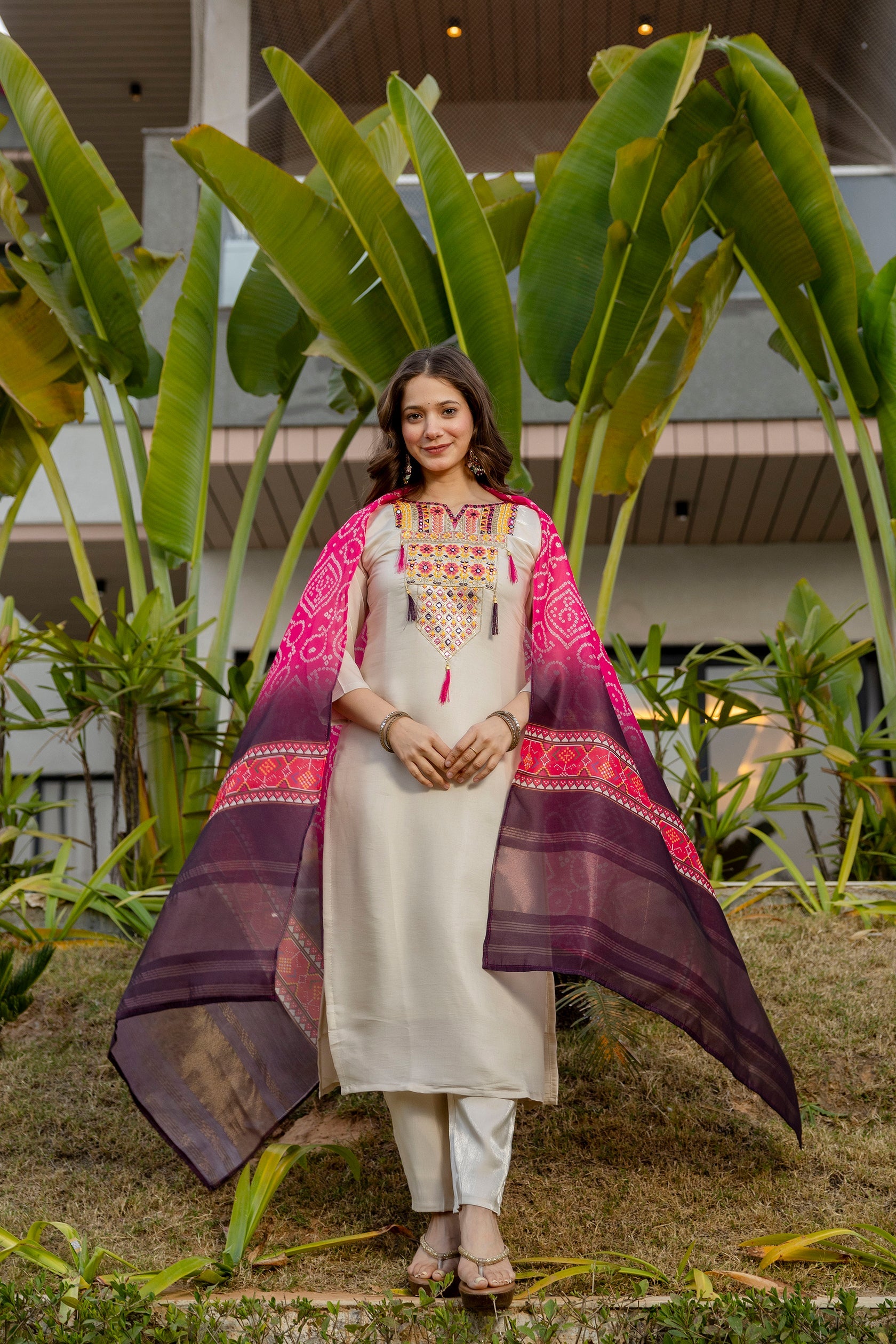 Cream Embroidered Viscose Kurta Set with Printed Dupatta – Elegant Ethnic Wear