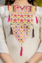 Cream Embroidered Viscose Kurta Set with Printed Dupatta – Elegant Ethnic Wear