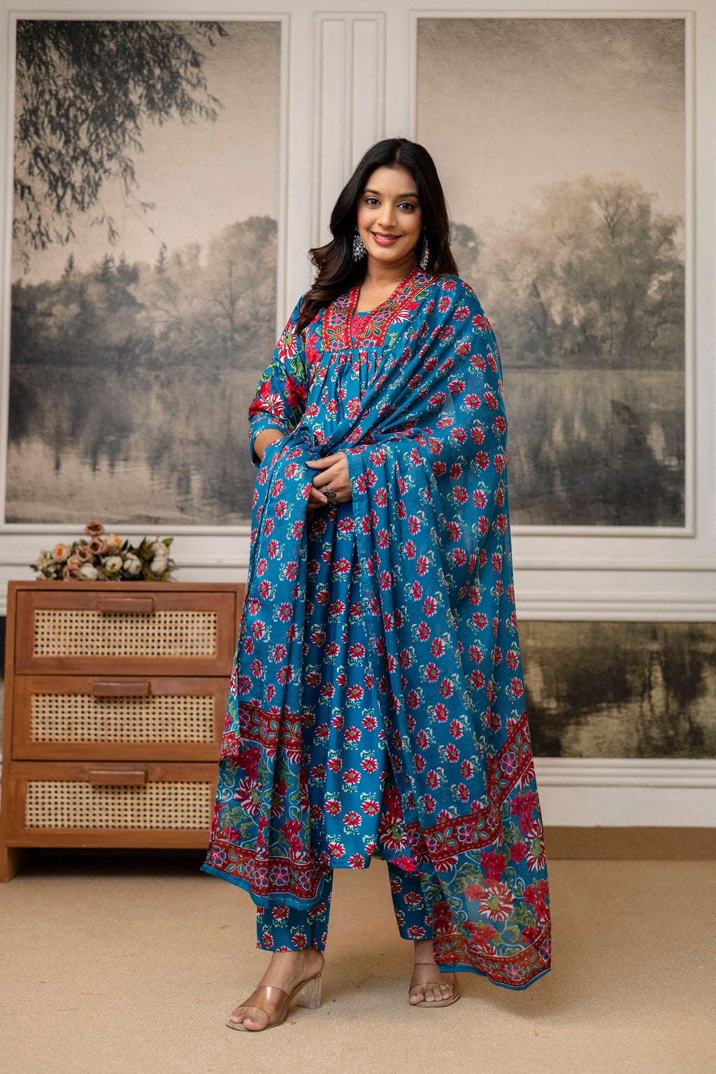 Teal Blue Floral Cotton Kurti Set with Printed Dupatta – Casual Wear