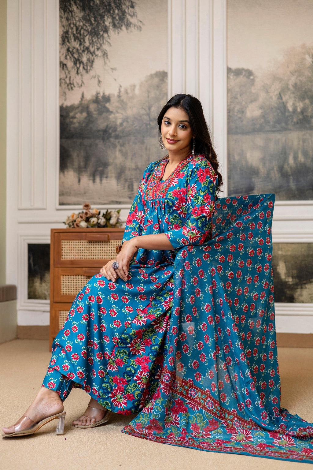 Teal Blue Floral Cotton Kurti Set with Printed Dupatta – Casual Wear