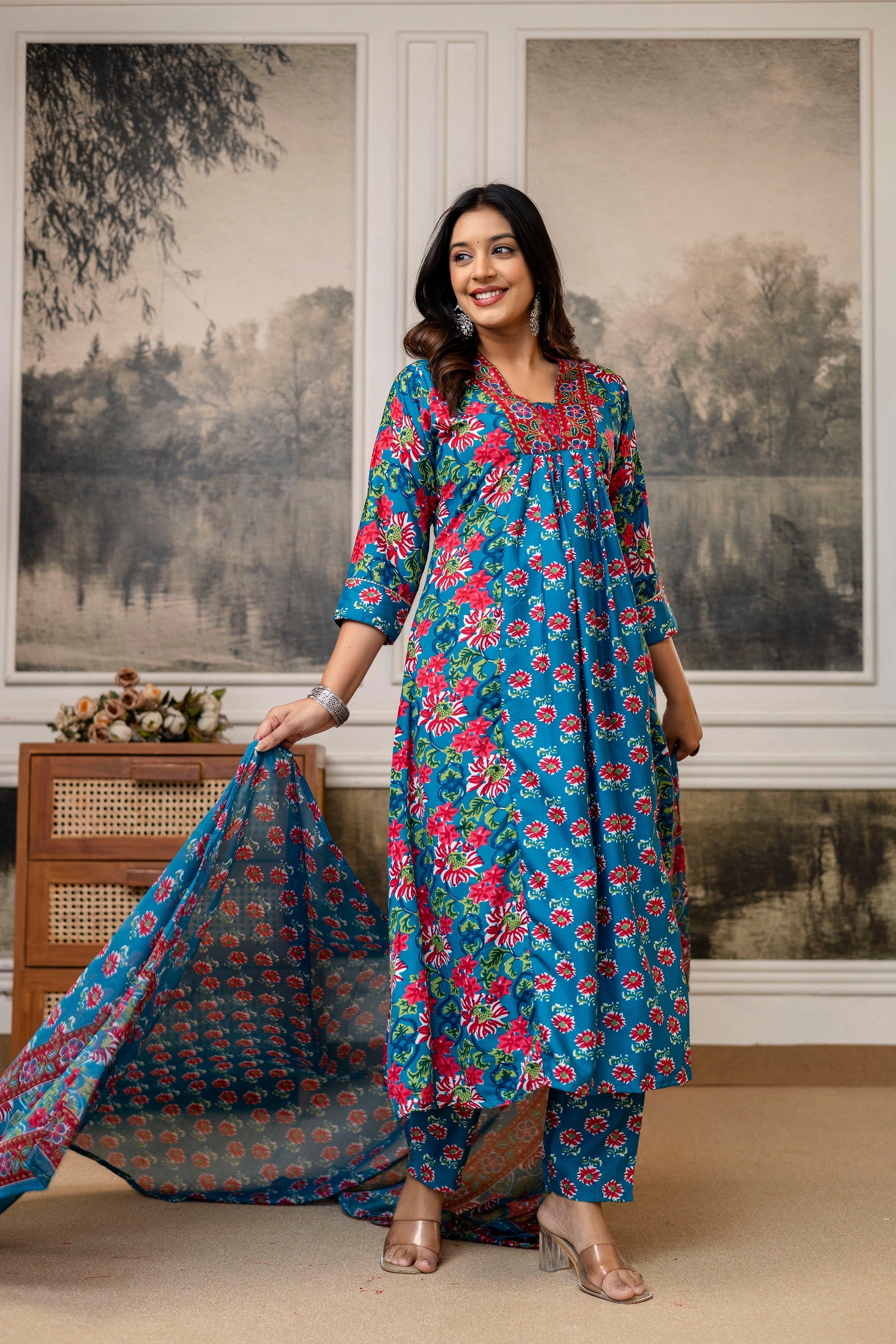 Teal Blue Floral Cotton Kurti Set with Printed Dupatta – Casual Wear