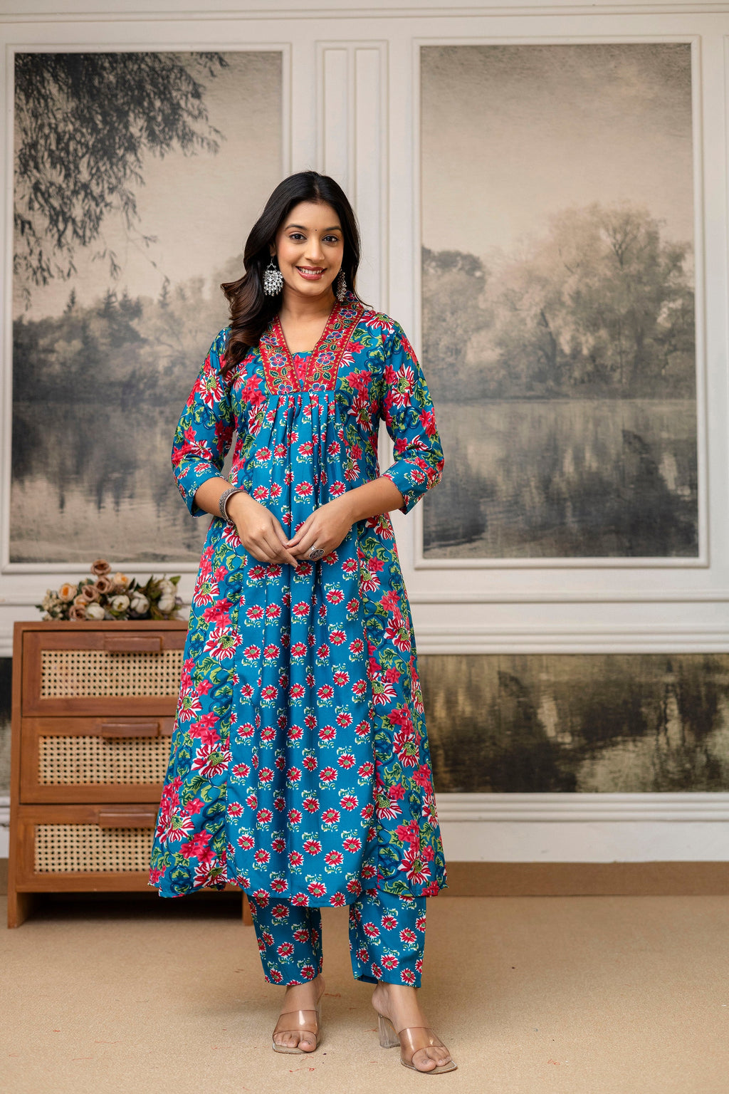 Teal Blue Floral Cotton Kurti Set with Printed Dupatta – Casual Wear