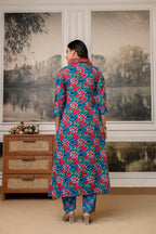 Teal Blue Floral Cotton Kurti Set with Printed Dupatta – Casual Wear