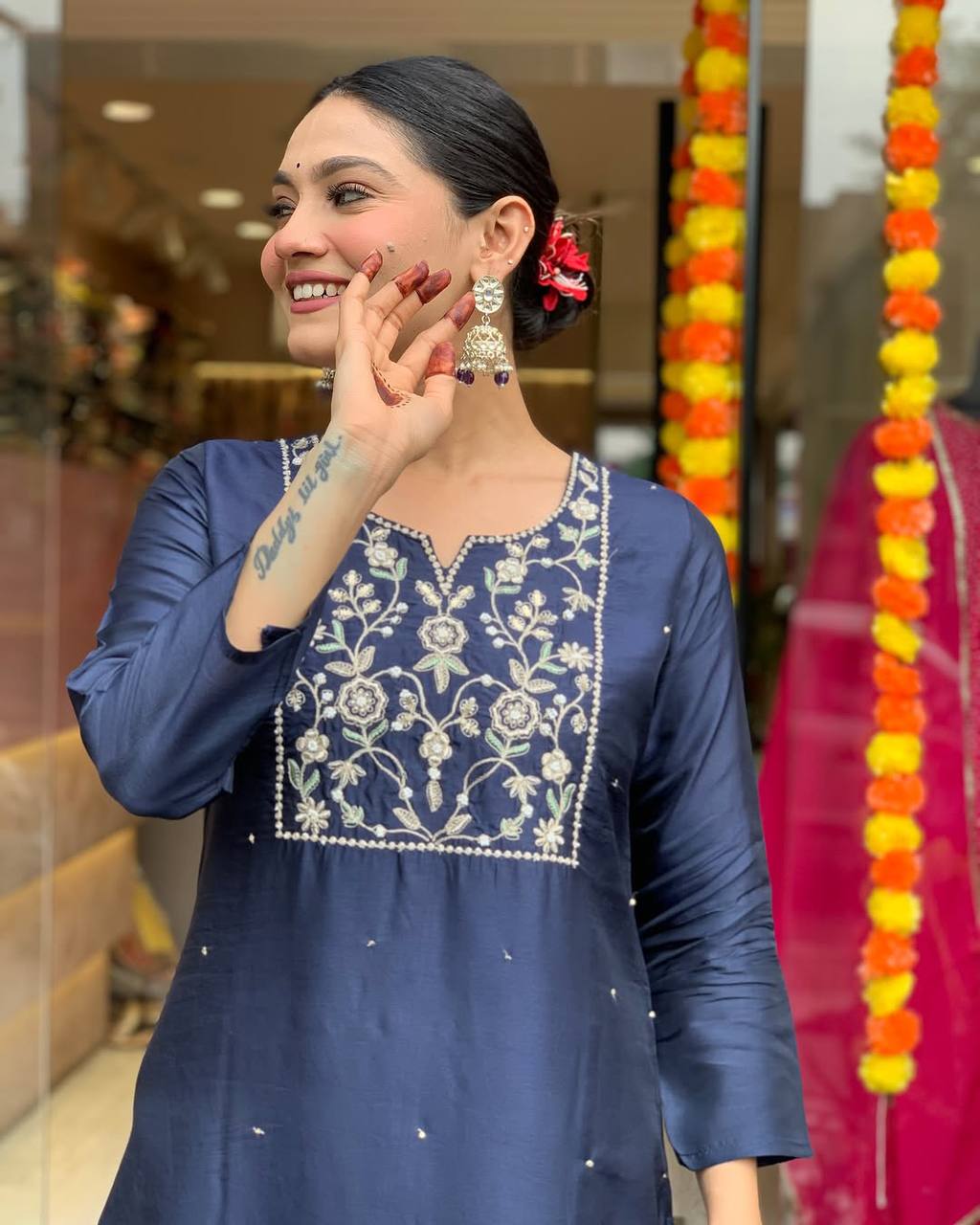 Navy Blue Embroidered Kurti Set with Printed Satin Dupatta | Elegant Ethnic Wear for Women