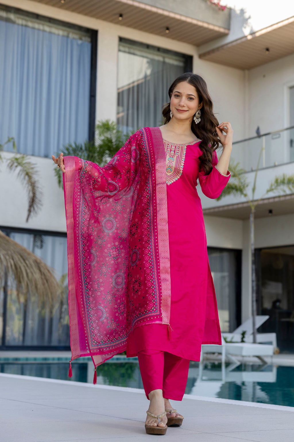 Hot Pink Embroidered Kurta Set with Printed Dupatta – Wedding & Festive Wear