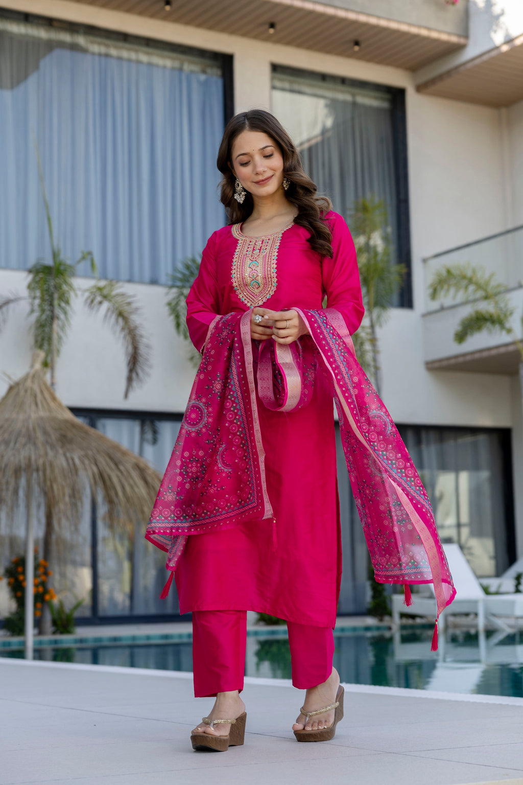 Hot Pink Embroidered Kurta Set with Printed Dupatta – Wedding & Festive Wear