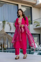 Hot Pink Embroidered Kurta Set with Printed Dupatta – Wedding & Festive Wear