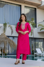 Hot Pink Embroidered Kurta Set with Printed Dupatta – Wedding & Festive Wear