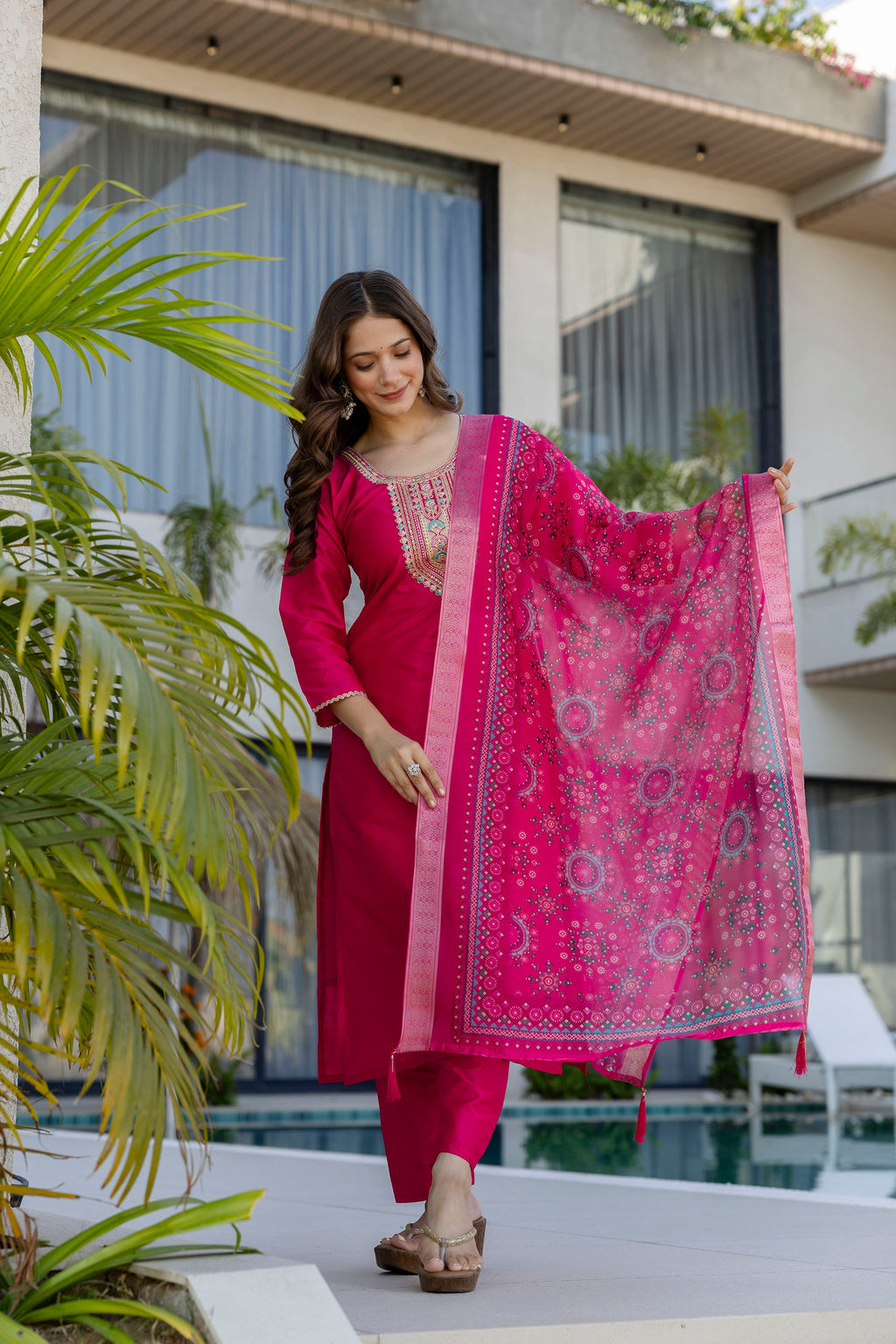 Hot Pink Embroidered Kurta Set with Printed Dupatta – Wedding & Festive Wear