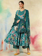 Teal Floral Anarkali Suit Set for Women – Festive & Wedding Outfit