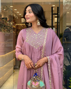 Dusty Rose Pink Embroidered Kurti Set with Chiffon Dupatta | Elegant Ethnic Wear for Women