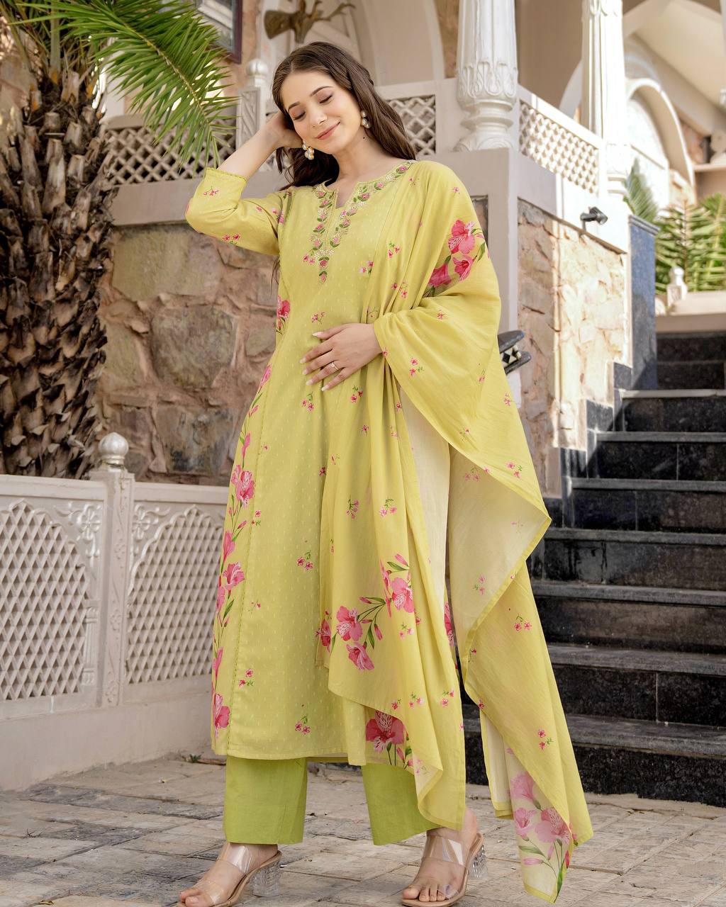 Lemon Yellow Floral Kurta Set with Dupatta – Casual & Festive Wear