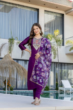Purple Embroidered Kurta Set with Floral Dupatta – Festive Wear for Women