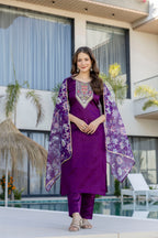 Purple Embroidered Kurta Set with Floral Dupatta – Festive Wear for Women
