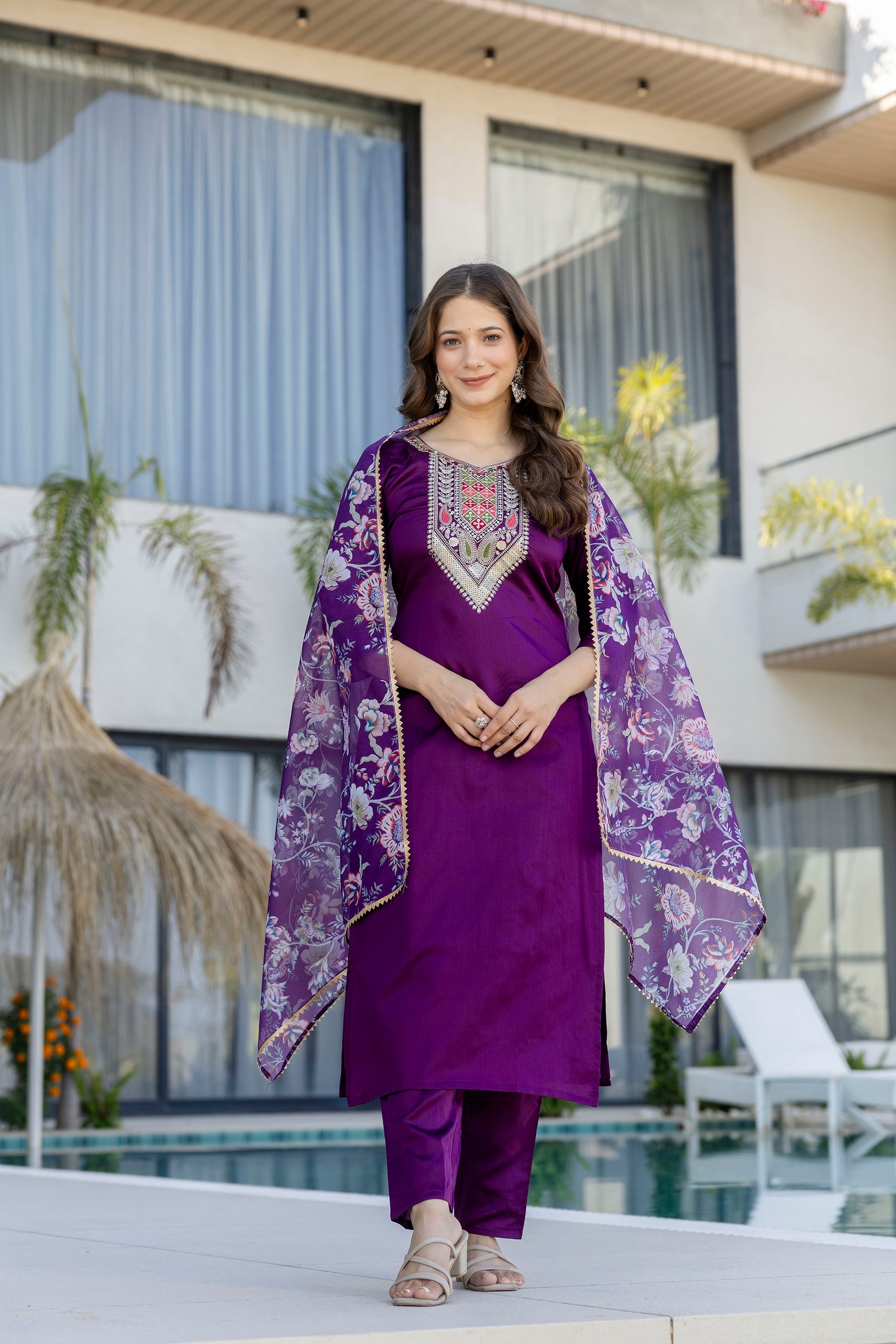 Purple Embroidered Kurta Set with Floral Dupatta – Festive Wear for Women